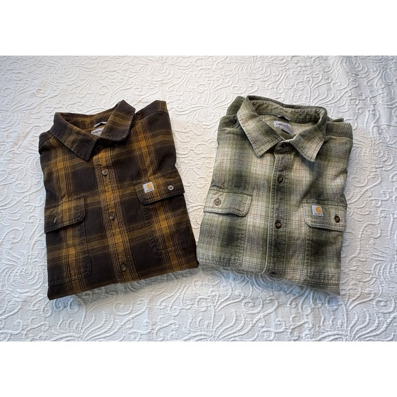 2 Carhartt Mens Heavy Flannel Orig. Fit Long Sleeve Shirt Size L. Brown & Green. - Picture 1 of 9